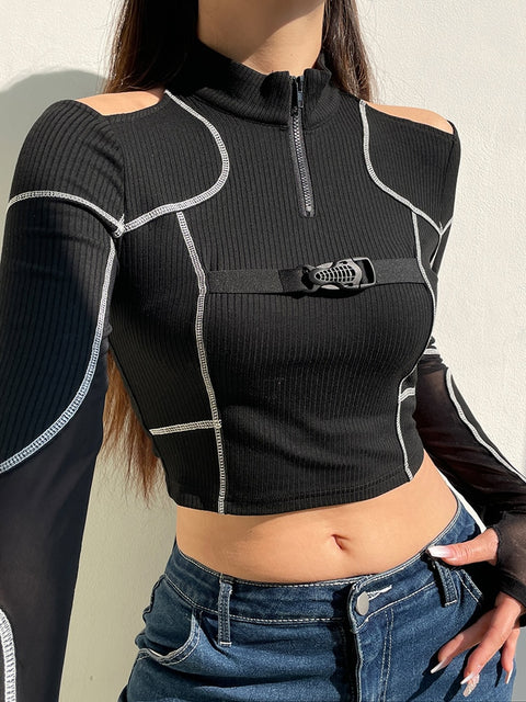 black-skinny-open-shoulder-zipper-buckle-crop-stripe-stitch-mesh-casual-top-2