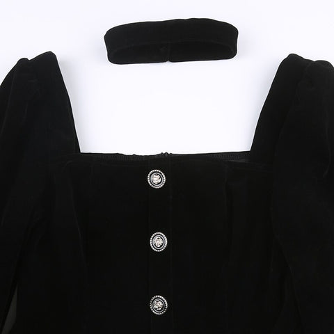black-velvet-square-neck-buttons-elegant-party-solid-pleated-dress-6