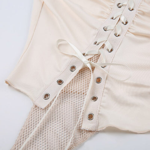 Skin-asymmetrical-fishnet-patchwork-folds-lace-up-short-sleeve-top-11