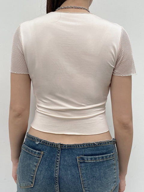 Skin-asymmetrical-fishnet-patchwork-folds-lace-up-short-sleeve-top-4