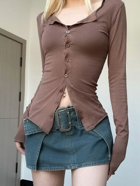 casual-skinny-brown-basic-long-sleeve-buttons-up-slim-solid-sexy-spring-top-2