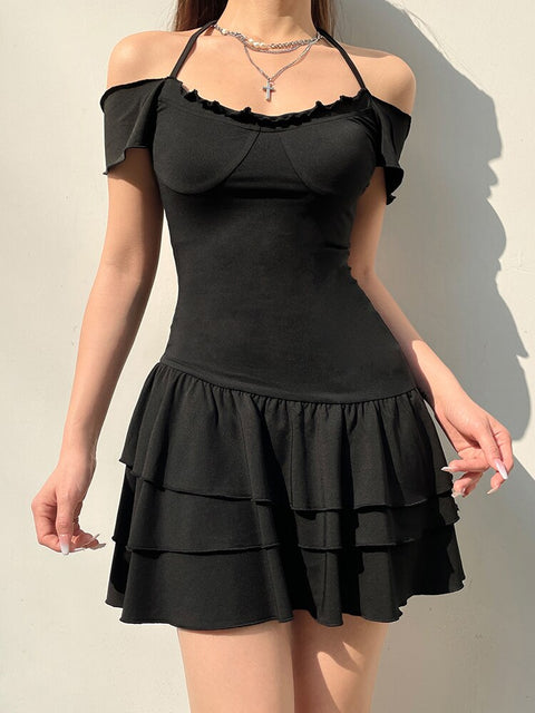 casual-halter-frill-folds-balletcore-gothic-slim-three-layer-summer-short-dress-1