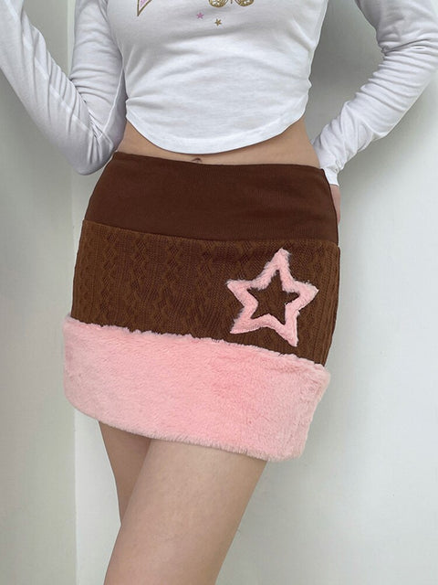 brown-bodycon-star-patched-knitted-autumn-winter-party-mini-pencil-fur-skirt-1