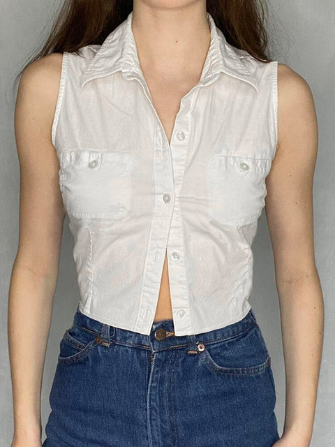 white-sleeveless-stand-collar-basic-buttons-pockets-cardigan-retro-top-1
