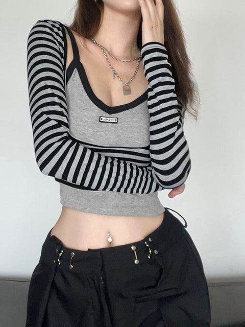 stripe-slim-2-pieces-set-casual-slim-u-neck-basic-tee-shirts-crop-top-2