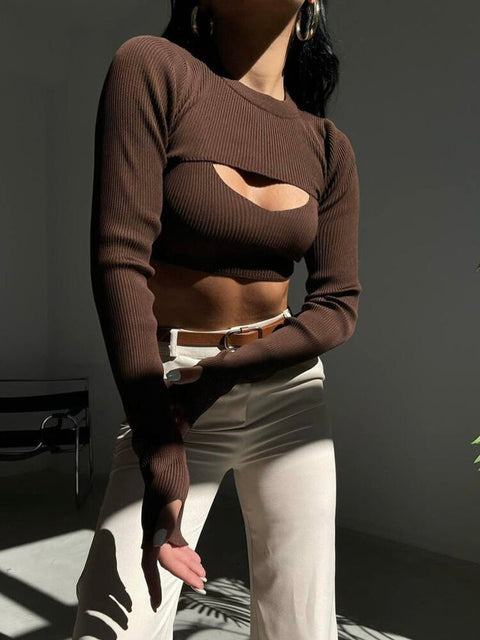 streetwear-brown-knit-ribbed-skinny-solid-clubwear-party-two-pieces-crop-top-3