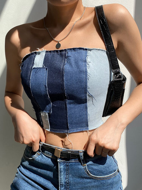 streetwear-stitching-spliced-burr-tube-off-shoulder-strapless-denim-wrap-top-2