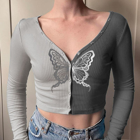 v-neck-grey-butterfly-printing-crop-slim-tee-top-1