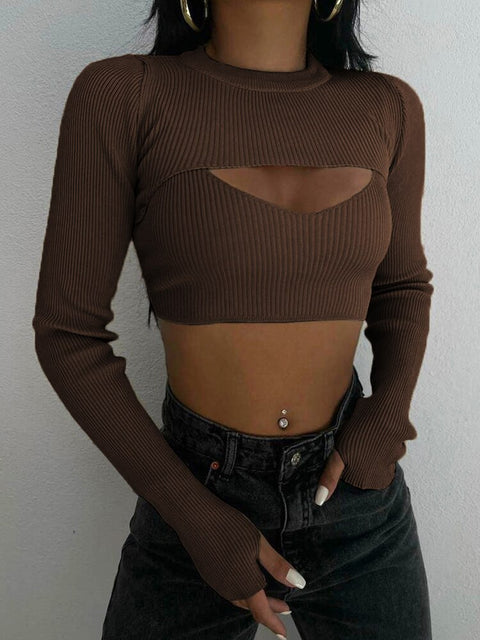 streetwear-brown-knit-ribbed-skinny-solid-clubwear-party-two-pieces-crop-top-2
