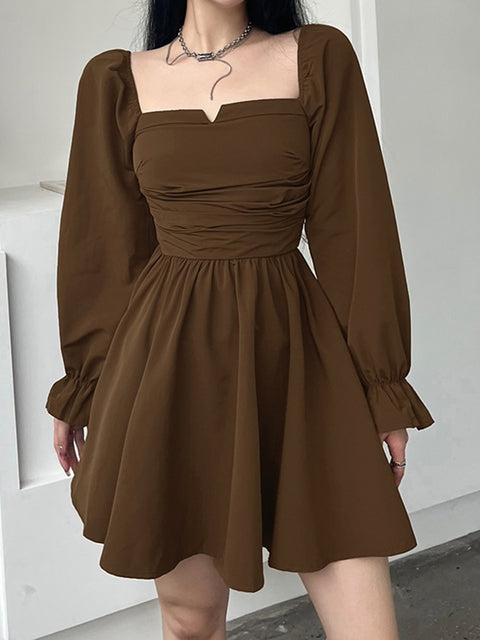 square-neck-brown-ruched-long-sleeve-fashion-solid-pleated-dress-3