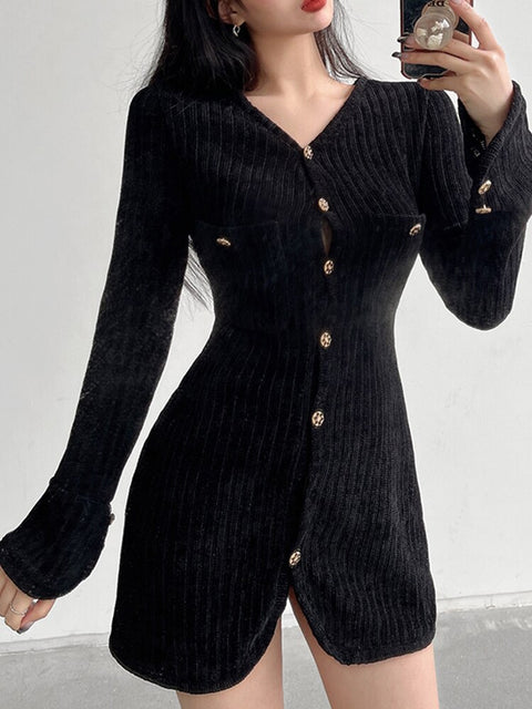 black-velvet-elegant-v-neck-buttons-up-evening-chic-party-short-dress-3