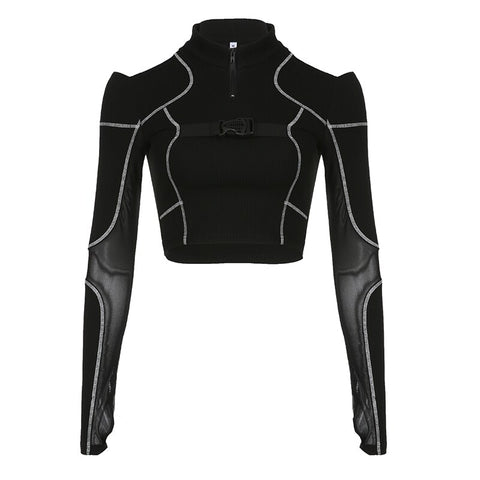 black-skinny-open-shoulder-zipper-buckle-crop-stripe-stitch-mesh-casual-top-6