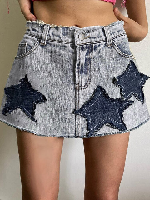 casual-grunge-distressed-star-patched-denim-low-waist-mini-skirt-3
