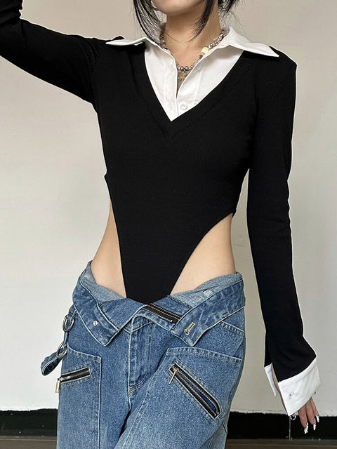 fashion-design-patchwork-bodycon-sexy-hollow-out-turn-down-collar-contrast-bodysuit-3