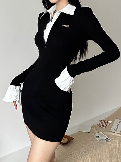 flare-sleeve-skinny-black-mini-patchwork-slim-basic-turn-down-collar-casual-dress-5