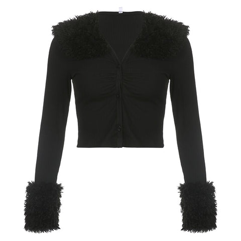 fluffy-fur-trim-collar-black-fashion-chic-folds-cropped-buttons-cardigans-top-5