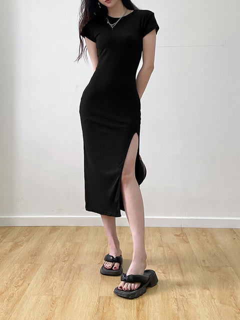 elegant-casual-basic-slim-bodycon-short-sleeve-side-split-solid-stretch-midi-dress-2