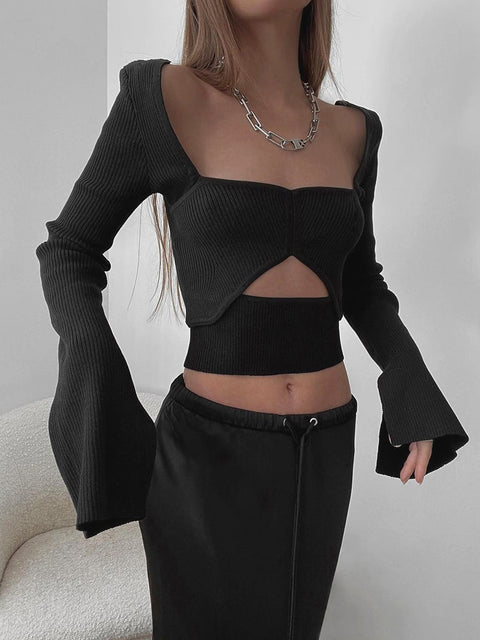 square-neck-knitted-black-long-sleeve-cropped-design-sexy-slim-cut-out-elegant-top-3