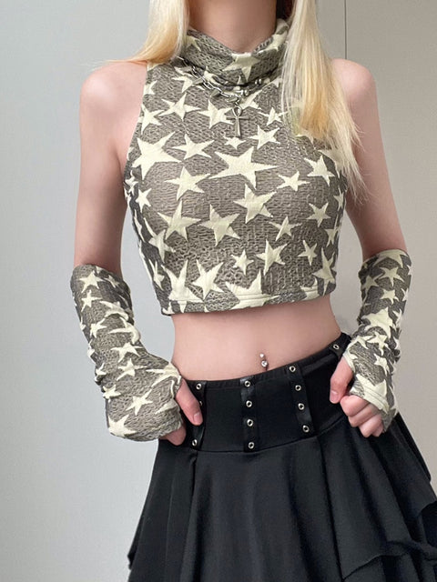 army-green-turtleneck-star-stitching-tank-cute-off-shoulder-top-4
