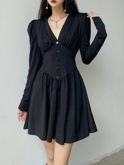 v-neck-chic-long-sleeve-folds-autumn-mini-ruched-corset-solid-buttons-pleated-party-dress-1