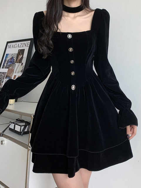 black-velvet-square-neck-buttons-elegant-party-solid-pleated-dress-3