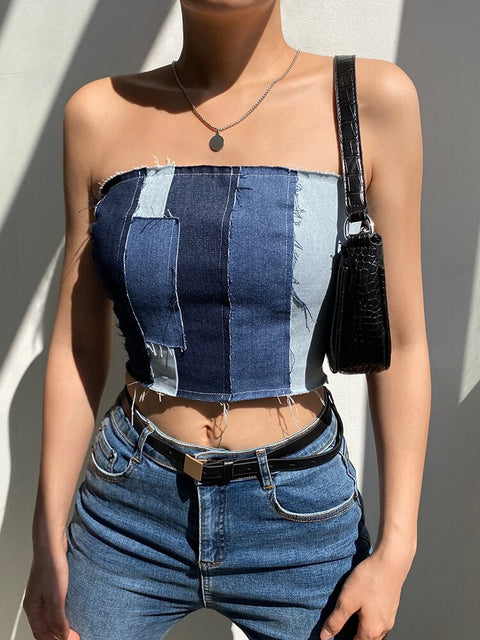 streetwear-stitching-spliced-burr-tube-off-shoulder-strapless-denim-wrap-top-4