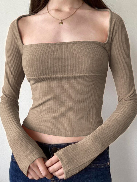 basic-slim-square-neck-knit-elegant-short-casual-khaki-retro-t-shirt-1