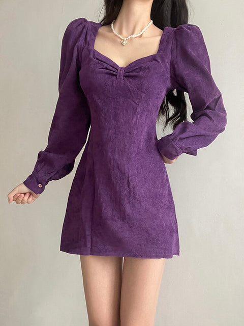 purple-loose-corduroy-ruched-square-neck-elegant-solid-long-sleeve-party-dress-4