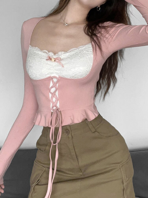 sweet-pink-knit-lace-patchwork-slim-ruffles-bow-square-neck-crop-top-2