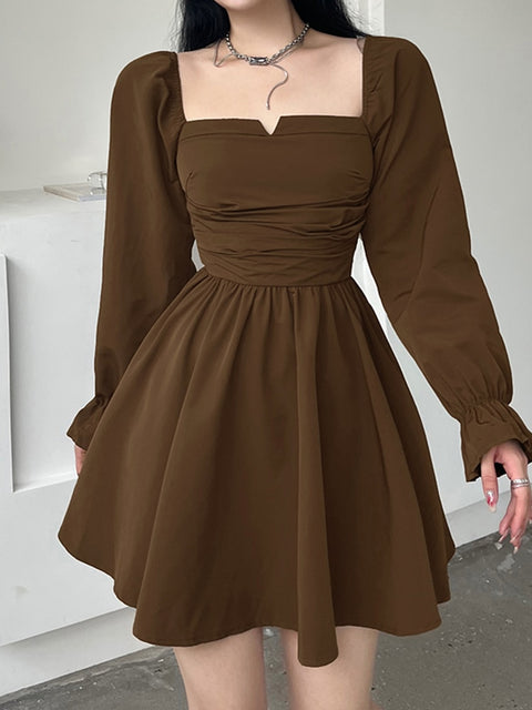 square-neck-brown-ruched-long-sleeve-fashion-solid-pleated-dress-2
