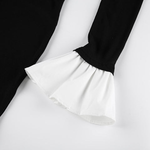 flare-sleeve-skinny-black-mini-patchwork-slim-basic-turn-down-collar-casual-dress-11