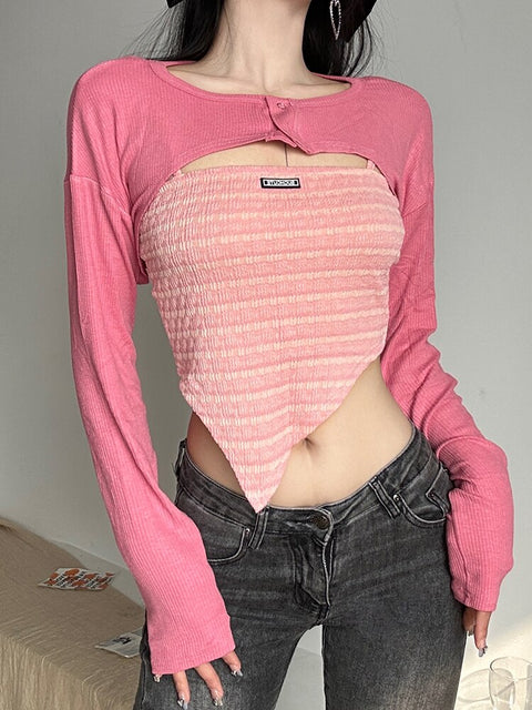 pink-cropped-smock-top-camis-tow-piece-set-sweet-cute-slim-casual-irregular-t-shirt-4