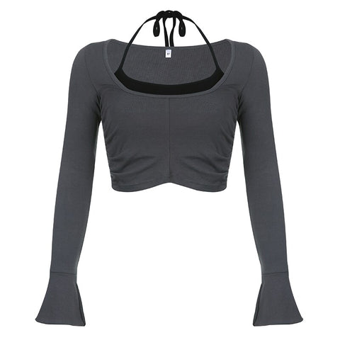 harajuku-flare-sleeve-square-neck-halter-slim-folds-slim-2-pieces-crop-top-8