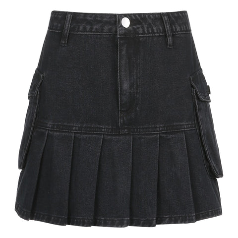 cargo-style-black-high-waist-denim-mini-solid-pockets-casual-pleated-skirt-7