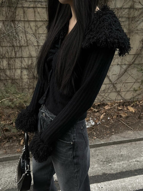 fluffy-fur-trim-collar-black-fashion-chic-folds-cropped-buttons-cardigans-top-3