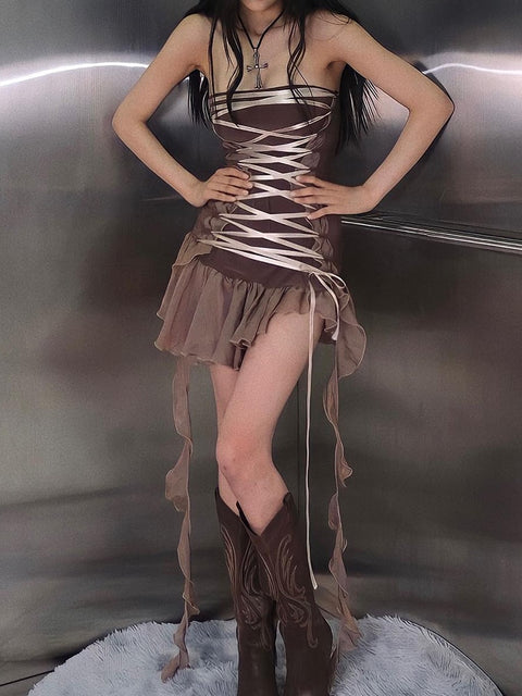 mesh-patchwork-tube-ruffles-design-lace-up-bandage-short-dress-1