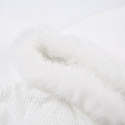 White Faux Fur Trim Hooded Crop Top
