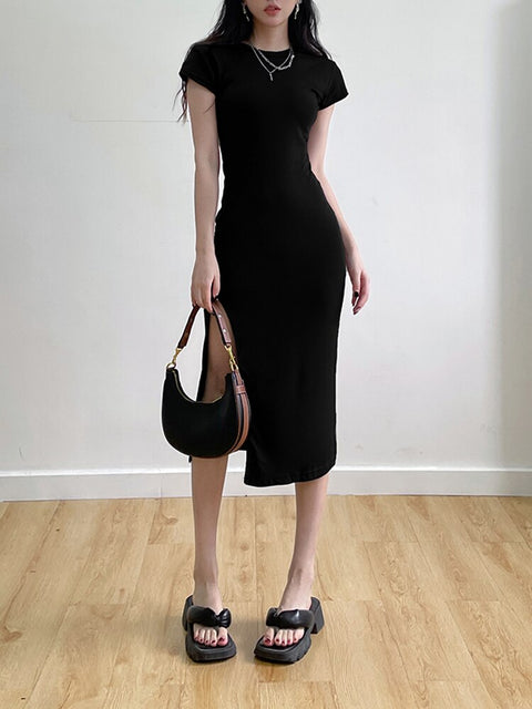 elegant-casual-basic-slim-bodycon-short-sleeve-side-split-solid-stretch-midi-dress-1