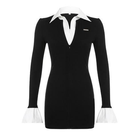 flare-sleeve-skinny-black-mini-patchwork-slim-basic-turn-down-collar-casual-dress-6