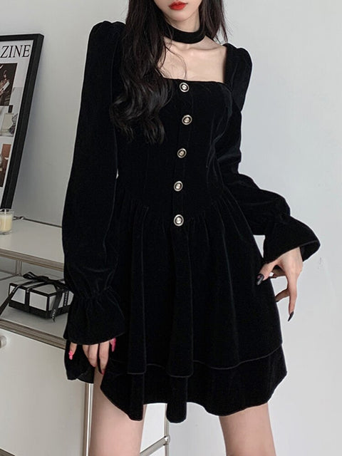Black Velvet Square Neck Dress