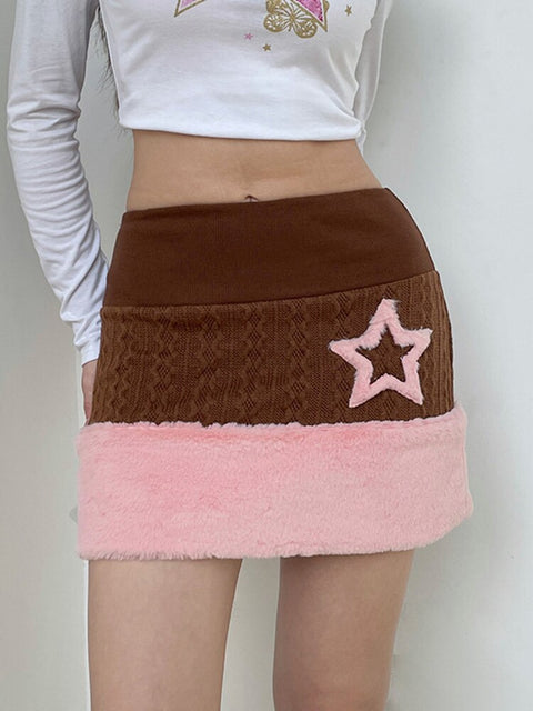 brown-bodycon-star-patched-knitted-autumn-winter-party-mini-pencil-fur-skirt-3