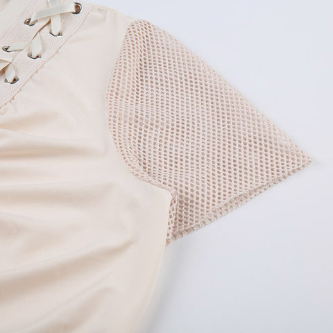 Skin-asymmetrical-fishnet-patchwork-folds-lace-up-short-sleeve-top-9
