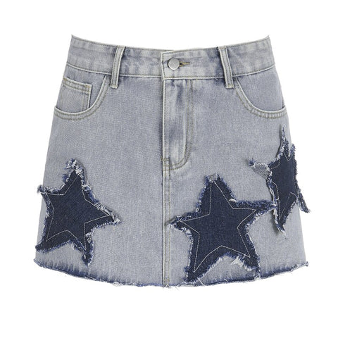 casual-grunge-distressed-star-patched-denim-low-waist-mini-skirt-4