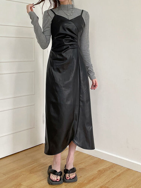 asymmetrical-folds-fashion-gothic-black-leather-spaghetti-strap-v-neck-long-party-dress-1