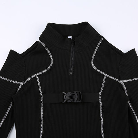 black-skinny-open-shoulder-zipper-buckle-crop-stripe-stitch-mesh-casual-top-8
