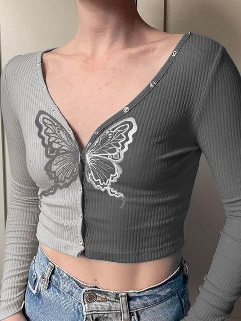 v-neck-grey-butterfly-printing-crop-slim-tee-top-2
