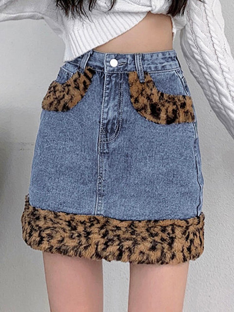 vintage-high-waist-denim-short-leopard-faux-fur-trim-mini-skirt-2