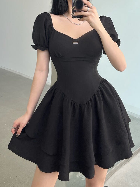 chic-square-neck-black-corset-folds-slim-elegant-pleated-mini-party-dress-2