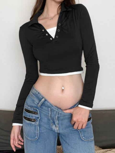 black-casual-basic-patched-long-sleeve-tee-shirt-slim-buttons-cute-crop-top-1