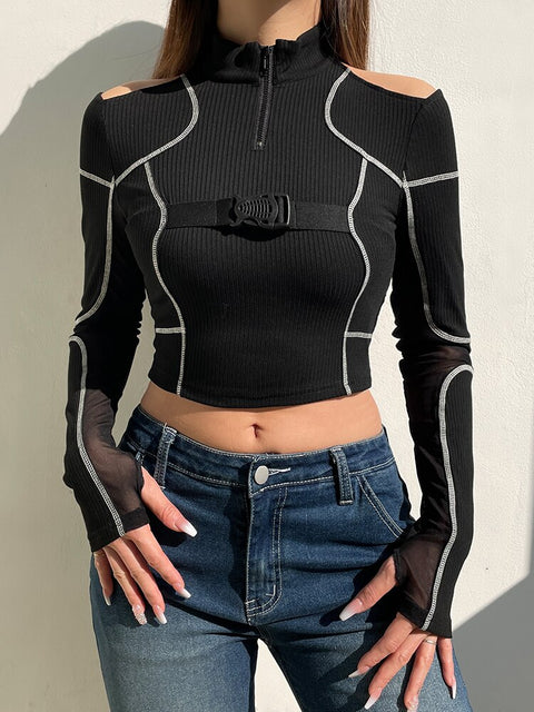 black-skinny-open-shoulder-zipper-buckle-crop-stripe-stitch-mesh-casual-top-1